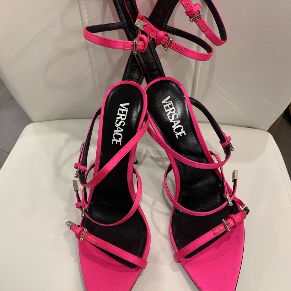 Versace Fuchsia Strappy Heels with Silver Accents